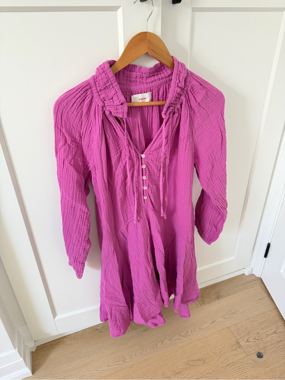 XIRENA Fuchsia Gauze Button-Up Tunic with Tie Neck